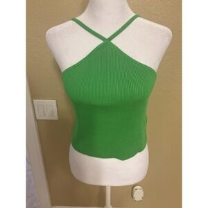 H&M Women's Vibrant Green Rib Knit Crop Halter Top, Stretchy, Large